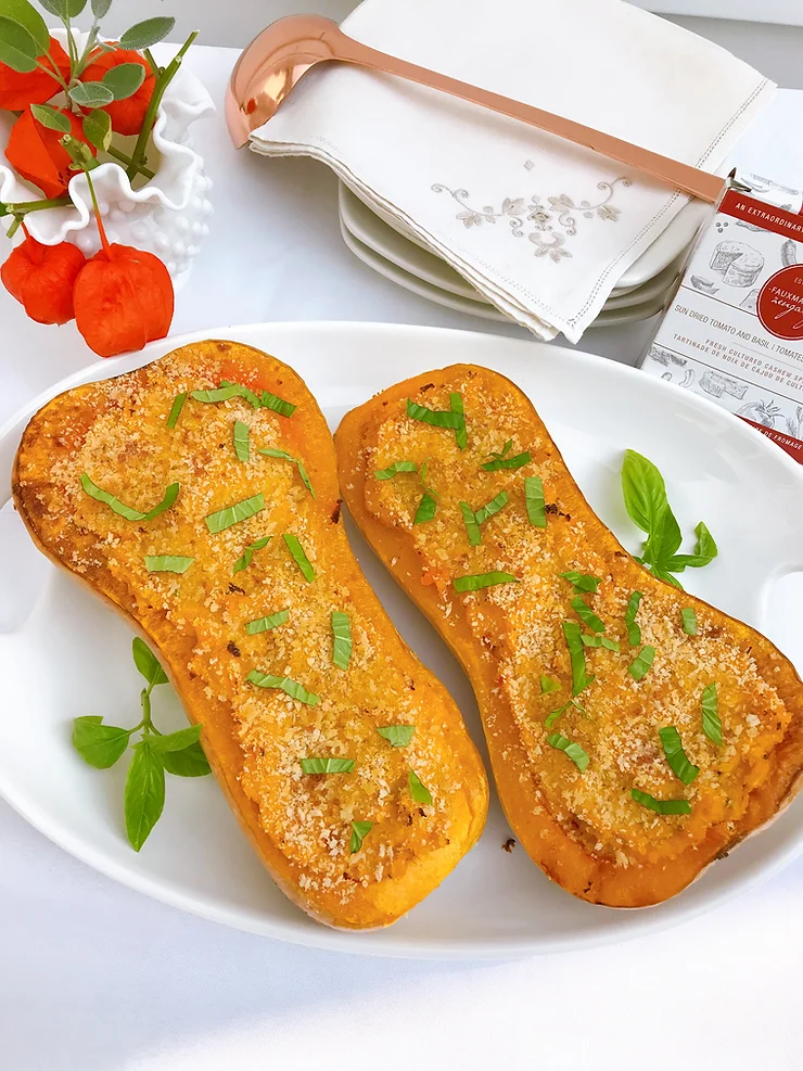 Twice-Baked Butternut Squash with Sun-dried & Tomato Basil Cashew Cheese